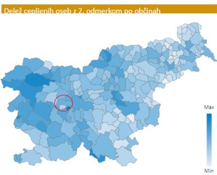 Delež cepljenih oseb z 2. odmerkom po občinah – občina Dobrova - Polhov Gradec je na zemljevidu obkrožena. (vir: NIJZ)